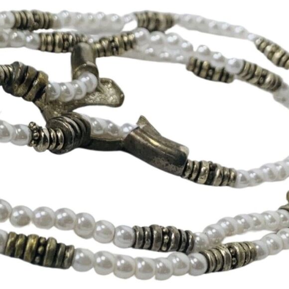 Vintage White Faux Pearl Horse Shoe Brass Long Naja Southwestern Bead Necklace - Picture 9 of 10